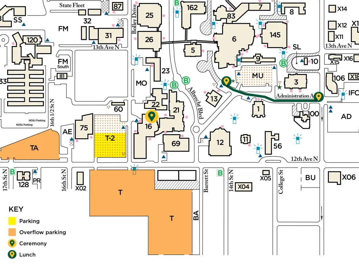 close up section of NDSU campus map shows the parking lots to use for Inauguration events