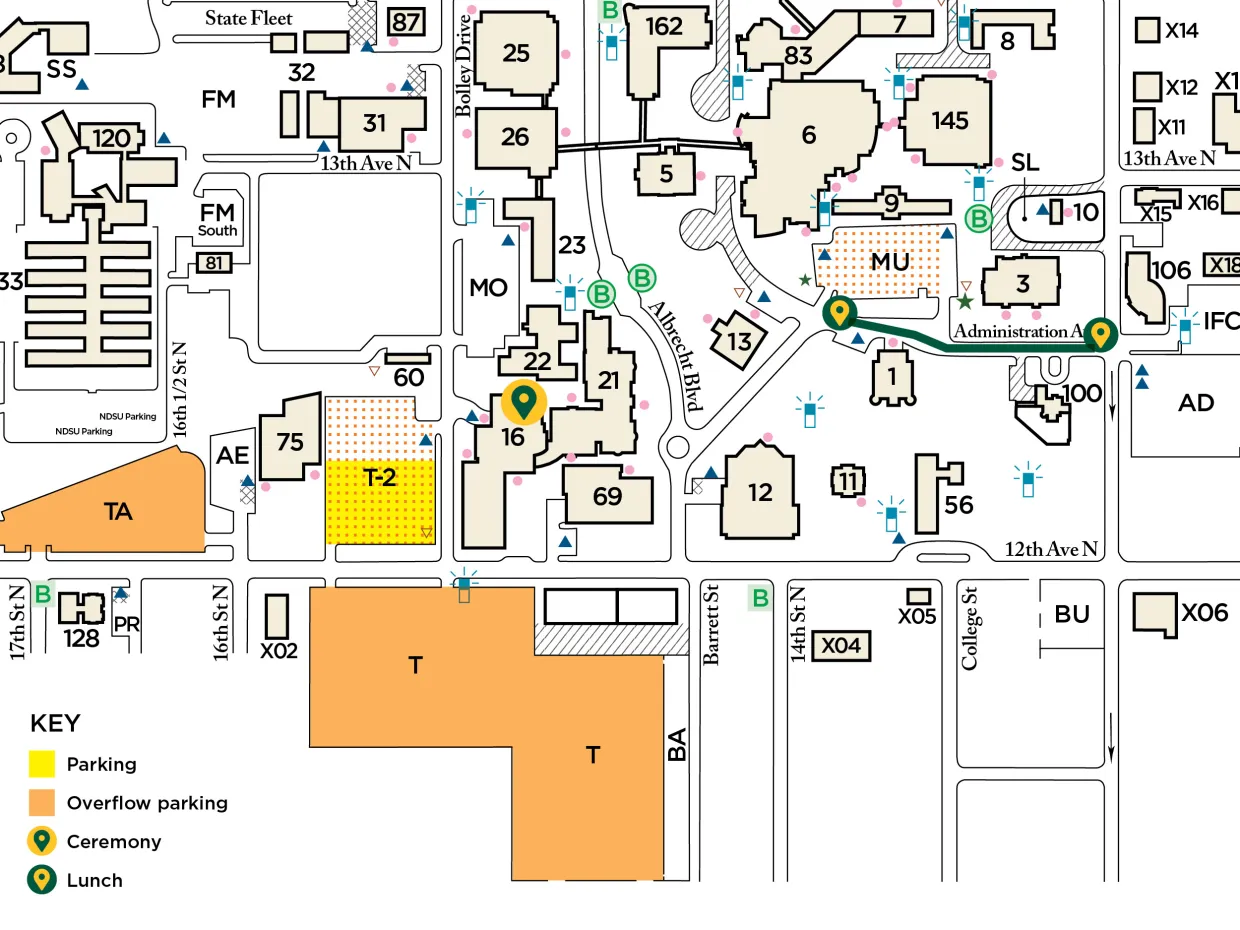 close up section of NDSU campus map shows the parking lots to use for Inauguration events