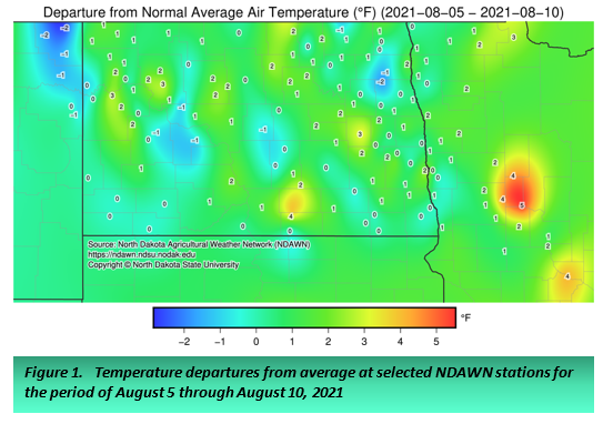 Figure 1.   Temperature departures from average at selected NDAWN stations for the period of August 5 through August 10, 2021