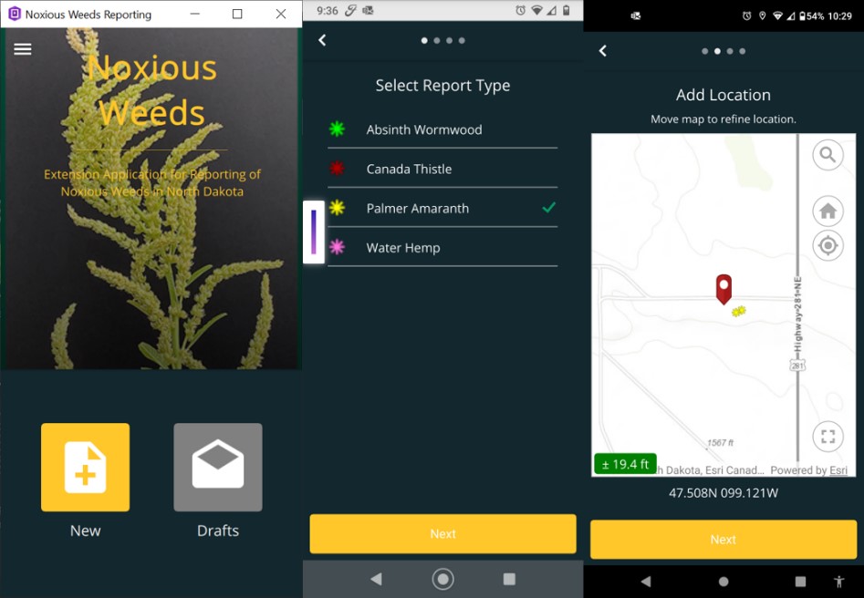 Noxious Weed application intial report and location screens.