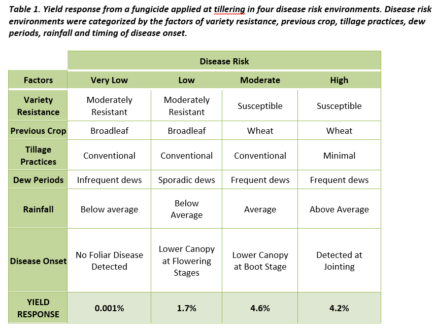 Table 1. Yield response from a fungicide applied at tillering in four disease risk environments. Disease risk environments were categorized by the factors of variety resistance, previous crop, tillage practices, dew periods, rainfall and timing of disease onset.