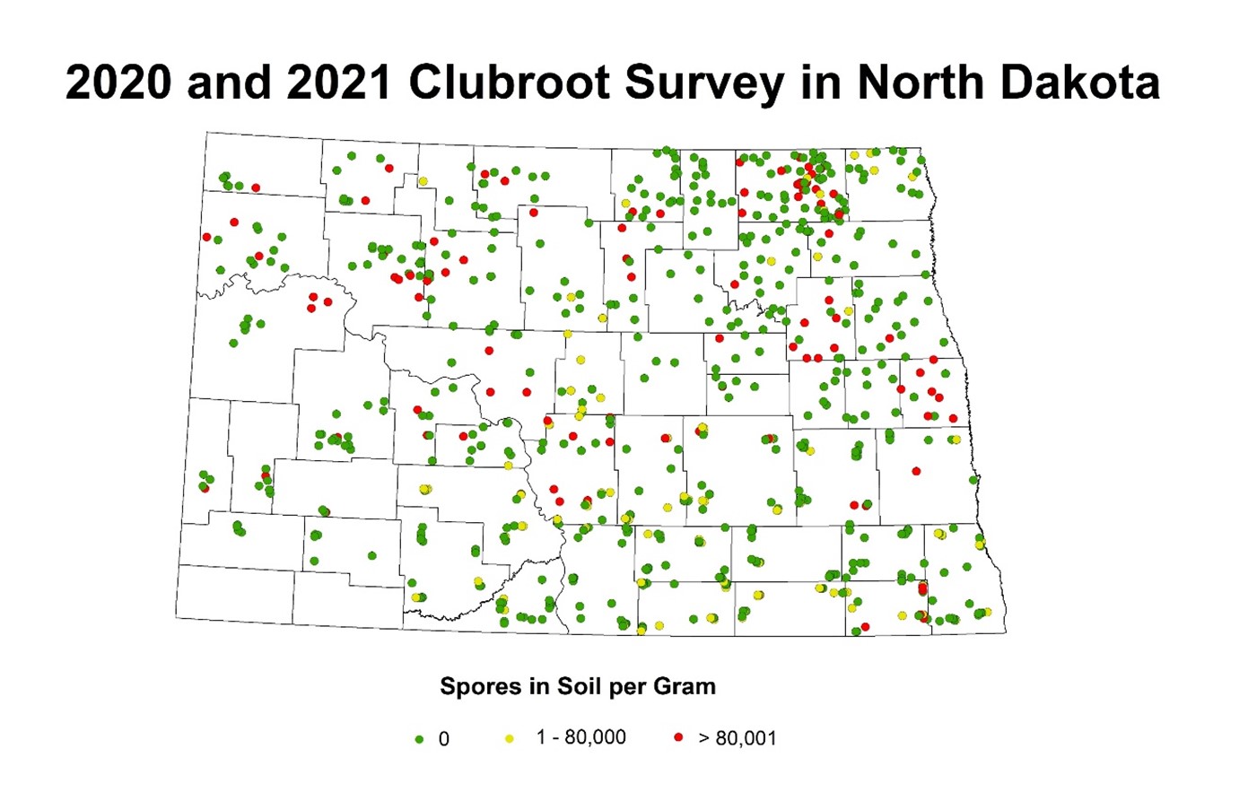 Map of North Dakota showing spores in soil per gram of clubroot prevalence in 2020 and 2021.