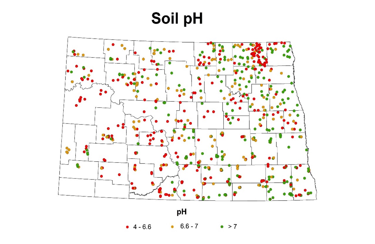 Map of ND showing pH levels across the state in 2020 and 2021.