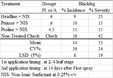 Differences observed among the fungicide treatments in blackleg incidence and severity levels.