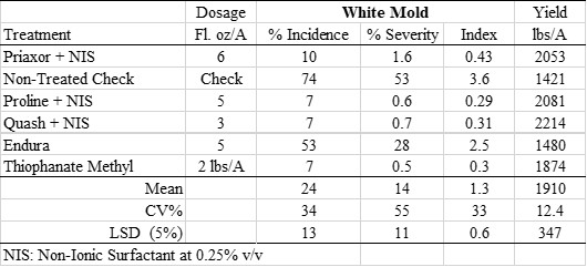 Differences observed among the fungicide treatments in white mold incidence, severity, index, and yield. levels.