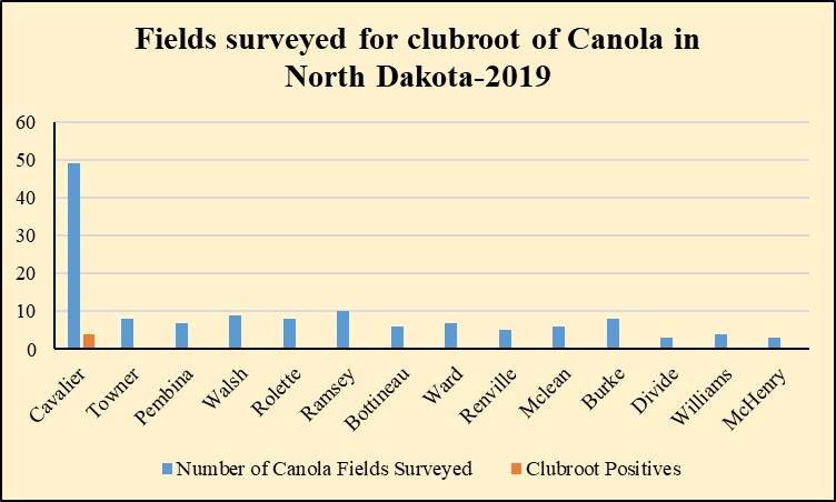 Fields surveyed in 2019 for prevalence of clubroot in various counties of North Dakota.