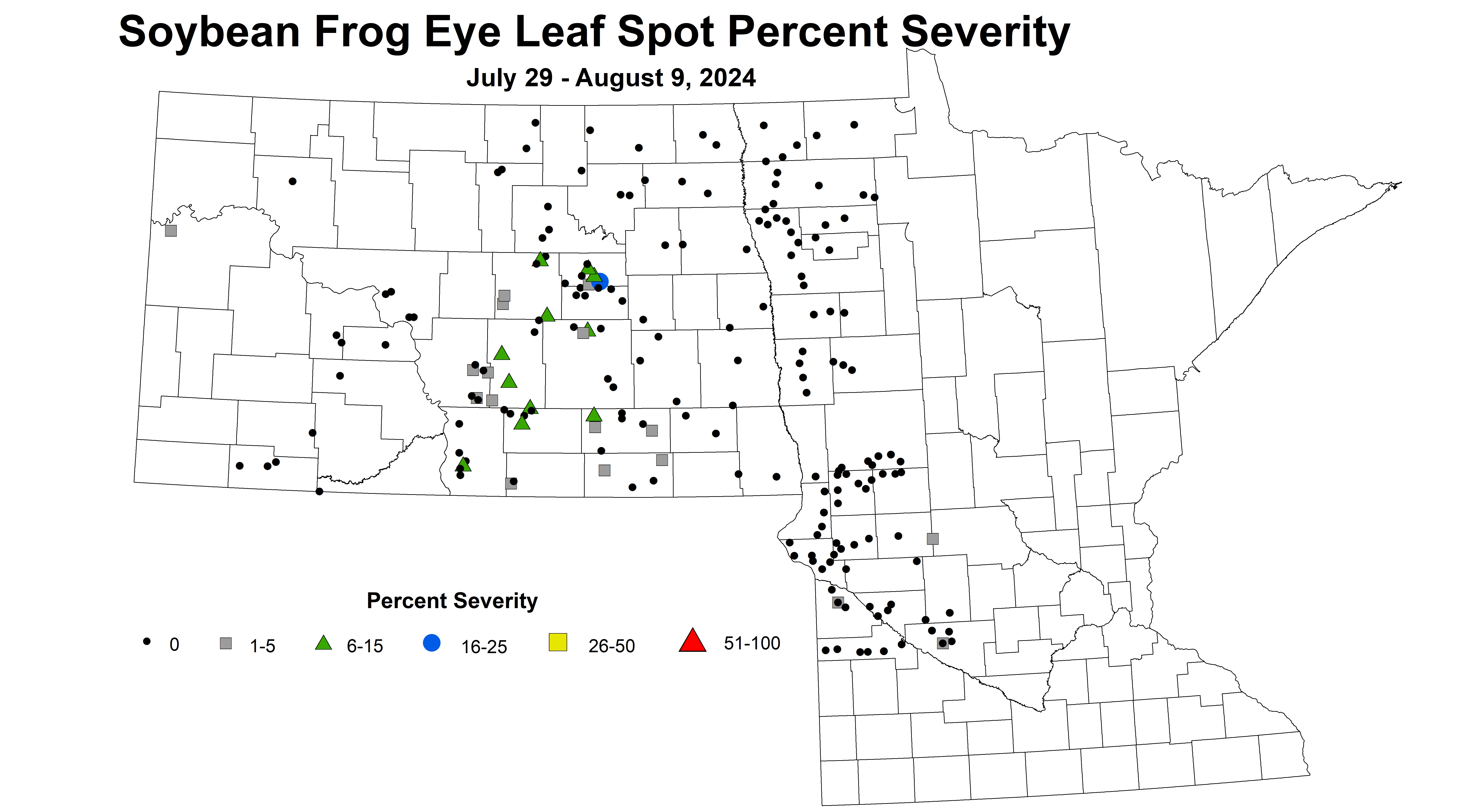 corrected soybean frog eye leaf spot severity July 29 - August 9 2024