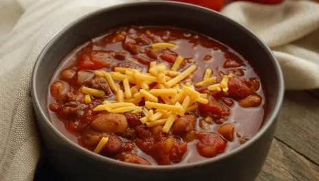 Classic Chili, served in a bowl and topped with shredded cheese