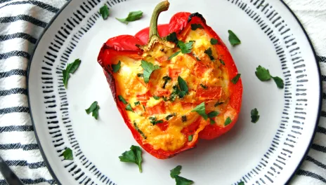 Omelet Stuffed Peppers, prepared and in a glass pan