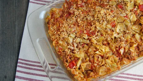 Unstuffed Cabbage Casserole in a glass pan