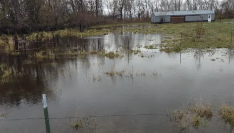 Floodwaters are threatening this barnes county farm structure