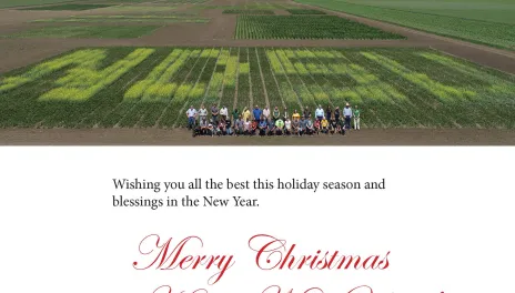 Holiday greeting with several staff members standing in a plot designed to spell NDSU in contrasting crops.