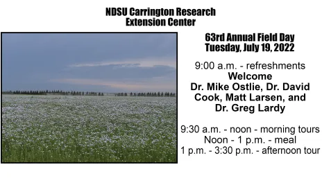 The Carrington Research Extension Center 63rd annual Field Day is July 19, 2022. A flax field with light blue blossoms contrasts with dark storm clouds.