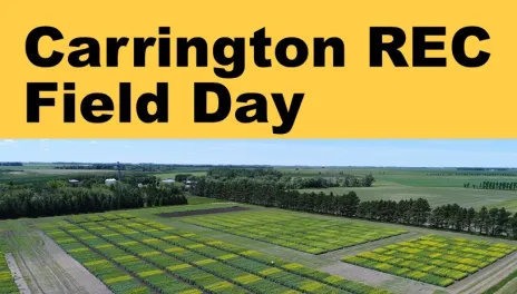 The Carrington Research Extension Center Field Day is July 19, 2022. An aerial photo shows trial plots with plant tissue colors changing from green to yellow.