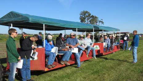 Michael Wunsch, plant pathologist at the NDSU Carrington Research Extension Center, addresses tour participants at a past Oakes Irrigation Research Site field day. 