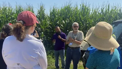 Farmers standing in a corn field