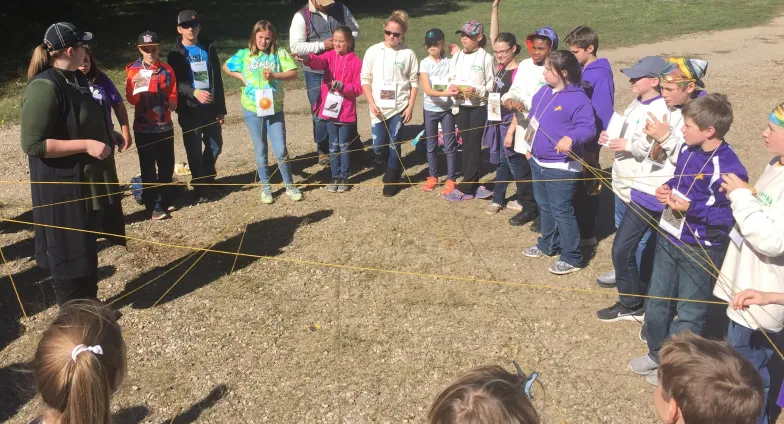 Children  standing in a circle doing an activity with string