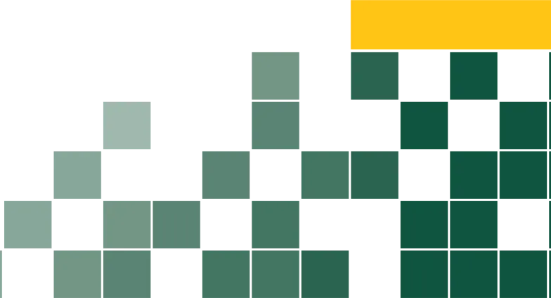 A graphic features dark green blocks mixed with light gray blocks, topped on the right side by a narrow gold rectangle.