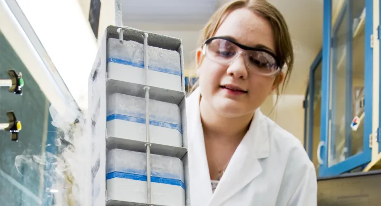 Student lab worker removing cultures from liquid nitrogen