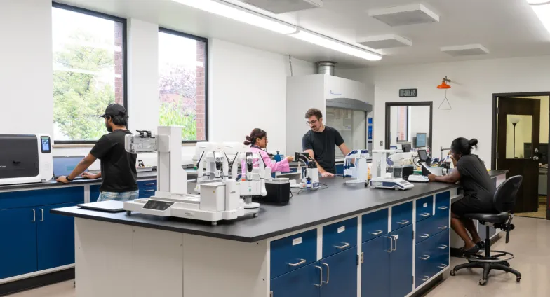 Image of the newly renovated lab with students working at various lab benches.