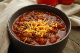 Classic Chili, served in a bowl and topped with shredded cheese