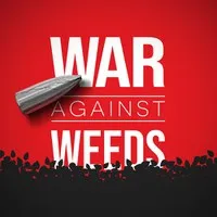 War Against Weeds podcast icon: The title in white with a silver bullet over it, and a black silhouette of plants against a red background.