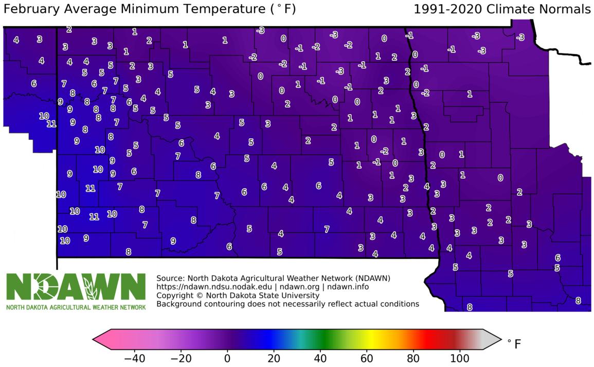 1991-2020 February Normal Minimum Temperature