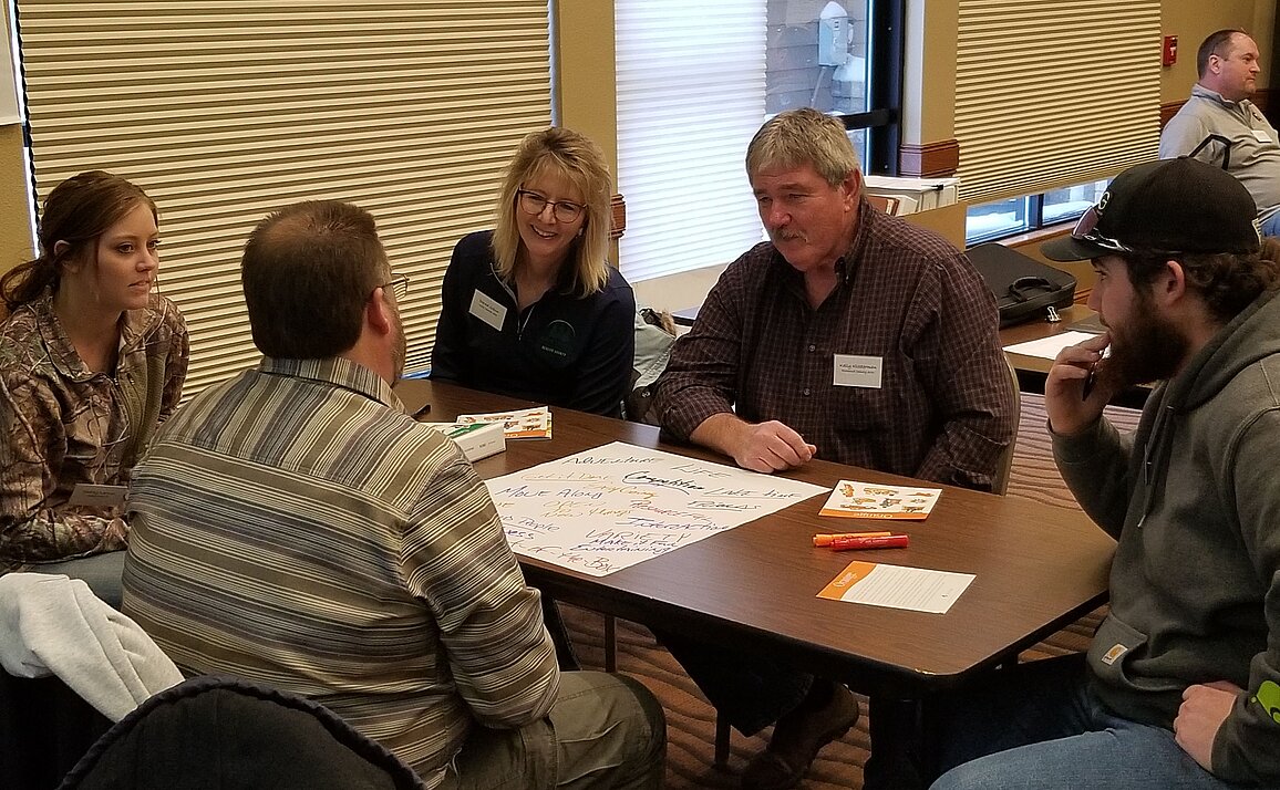 Five North Dakota Soil and Water Conservation Leadership Academy are gathered around a table discussing an issue.