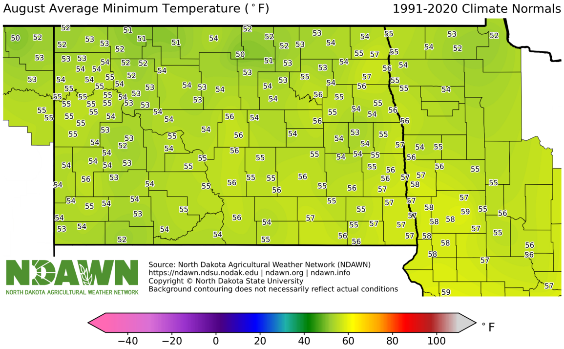 1991-2020 August Normal Minimum Temperature