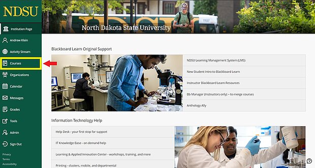 Image of Blackboard home screen with "Courses" link highlighted in the navigation menu.