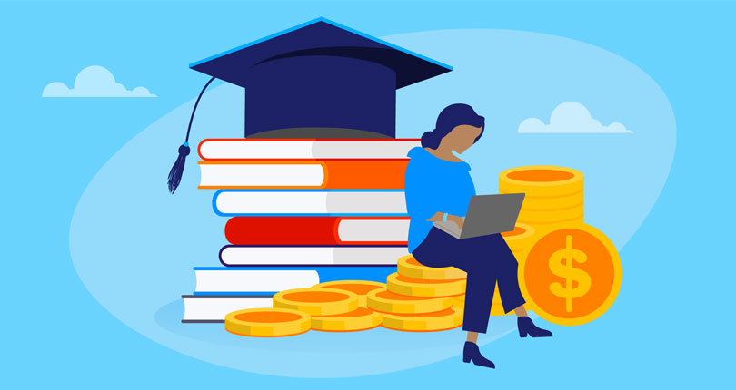 Paying for college graphic, blue background with a person sitting on a pile of books and graduation cap