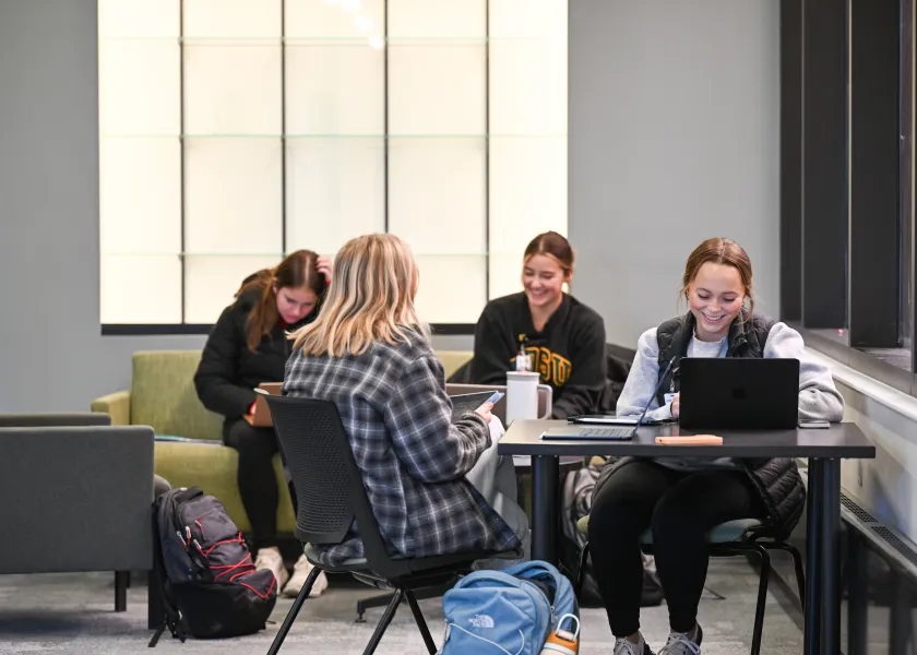 NDSU students work together on laptops at tables.