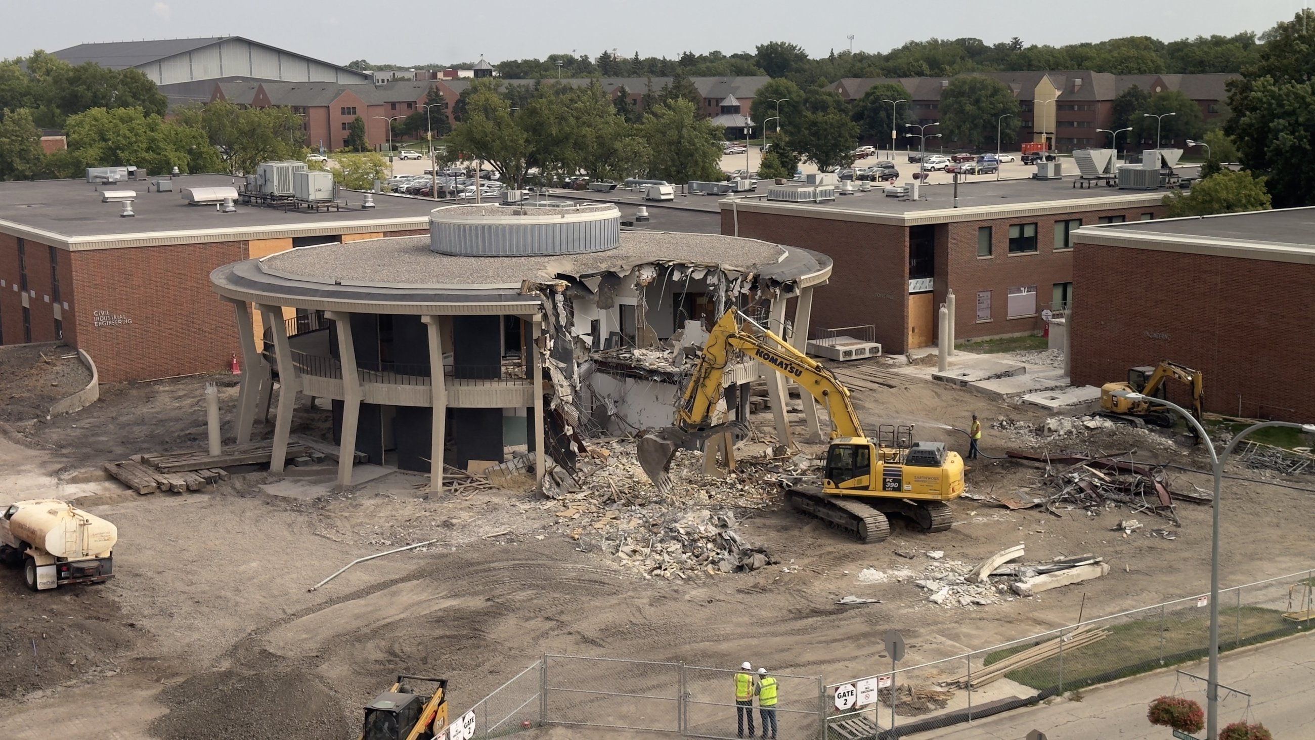 A photo of the round engineering building on the NDSU campus being taken down.