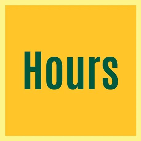 Hours, green text on yellow background