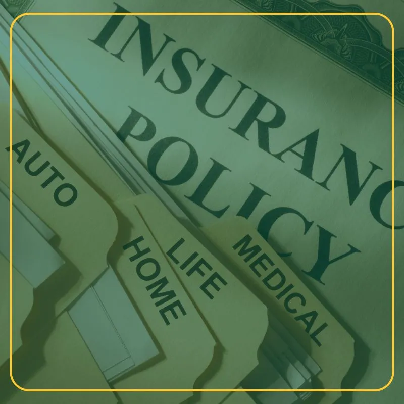 A group of insurance policy files, Auto, Home, Life, Medical