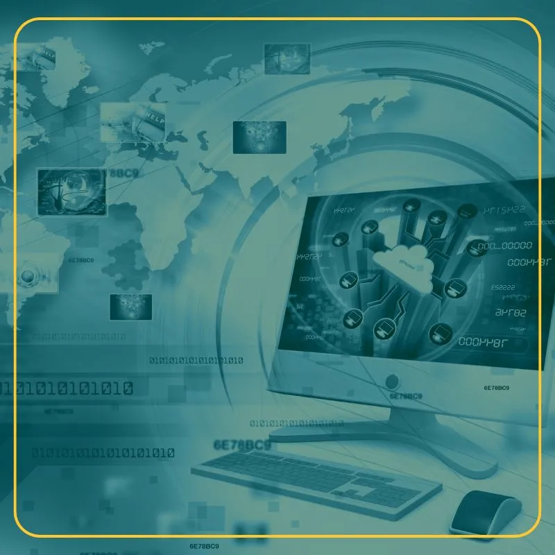 A computer monitor with keyboard and mouse graphics indicating communication with a map of the world appears in the background
